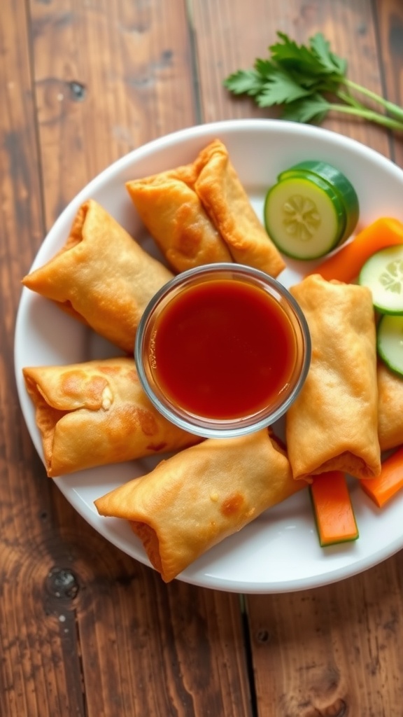 Crispy pork egg rolls on a plate with sweet and sour sauce and fresh vegetable garnishes.